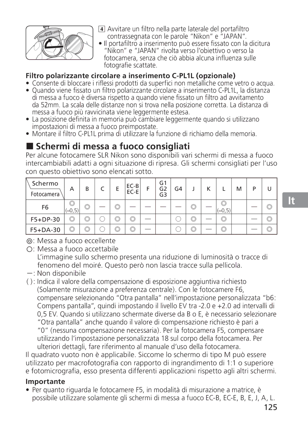 Nikon NIKKOR manual „ Schermi di messa a fuoco consigliati, 125 