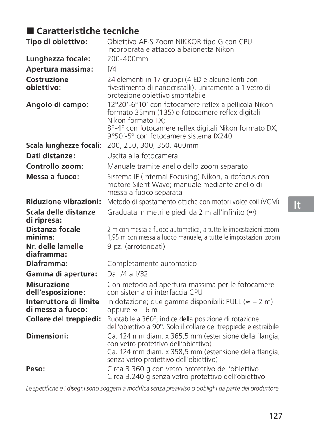 Nikon NIKKOR manual „ Caratteristiche tecniche, 127 