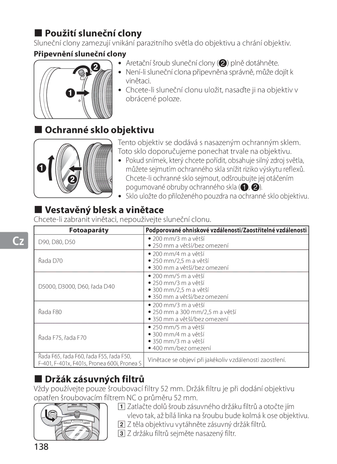 Nikon NIKKOR „ Použití sluneční clony, „ Ochranné sklo objektivu, „ Vestavěný blesk a vinětace, „ Držák zásuvných filtrů 