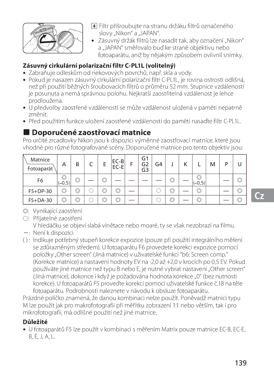 Nikon NIKKOR manual „ Doporučené zaostřovací matnice, 139, Zásuvný cirkulární polarizační filtr C-PL1L volitelný 