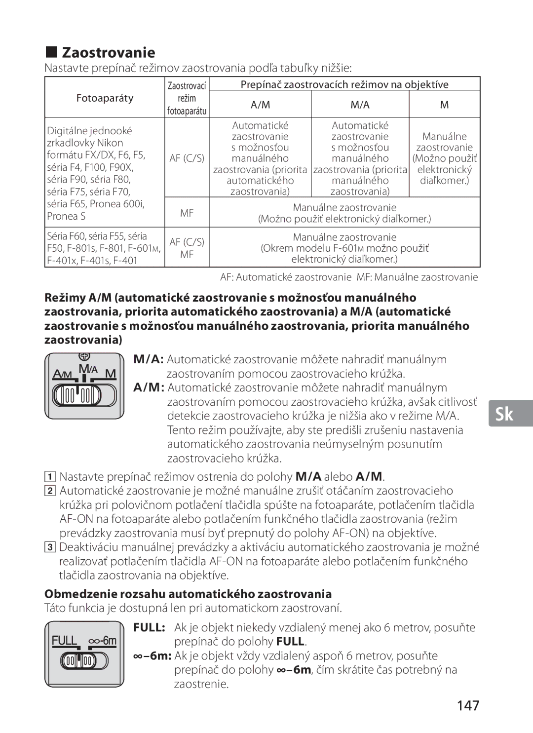 Nikon NIKKOR manual Zaostrovanie, 147, Nastavte prepínač režimov zaostrovania podľa tabuľky nižšie 