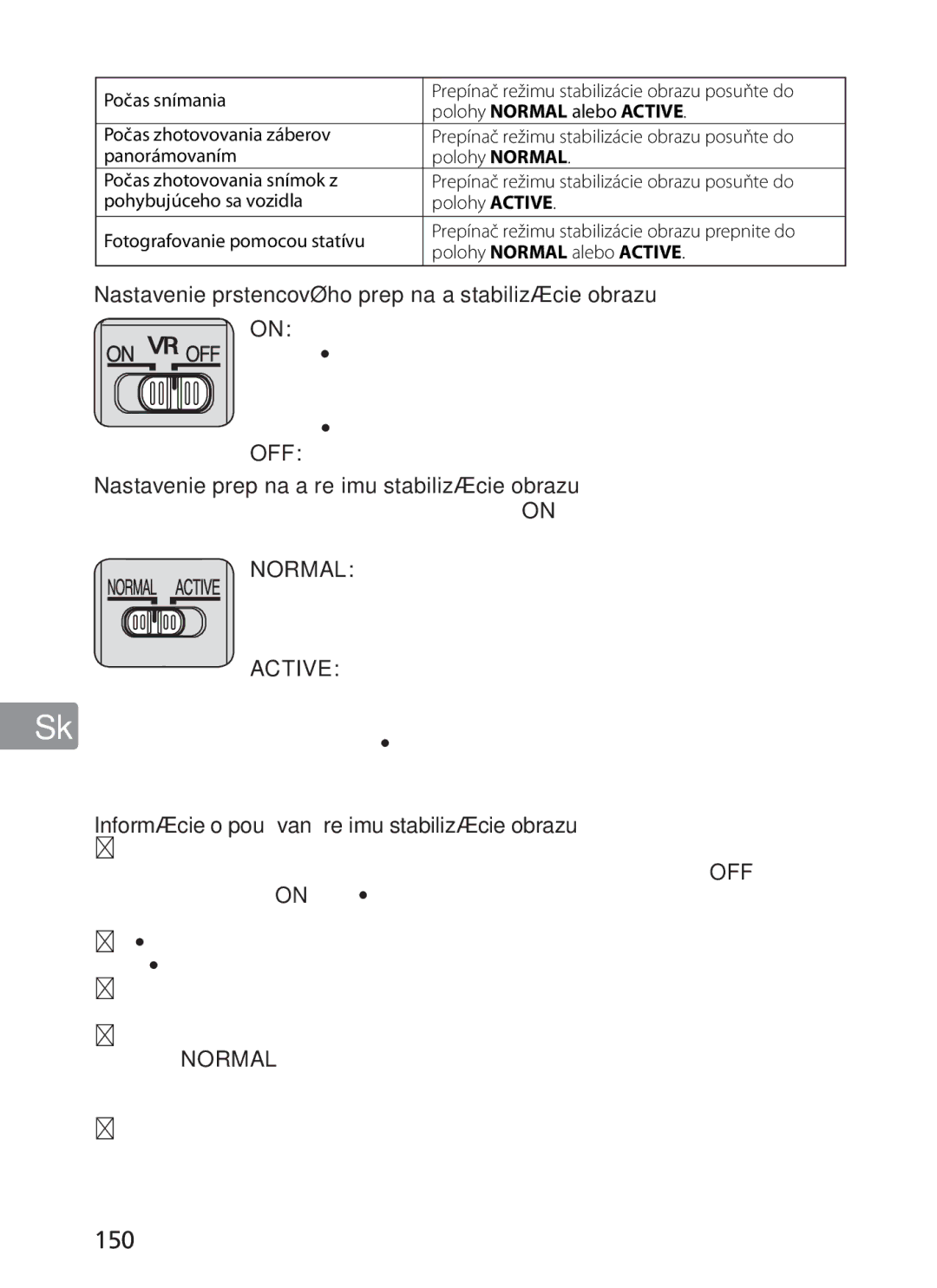Nikon NIKKOR 150, Nastavenie prstencového prepínača stabilizácie obrazu, Nastavenie prepínača režimu stabilizácie obrazu 