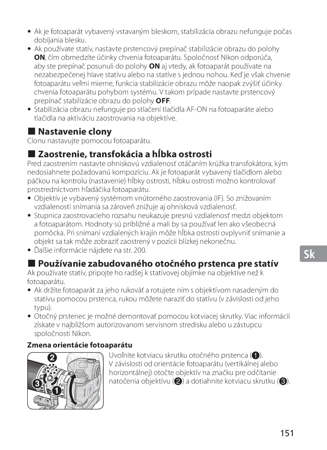 Nikon NIKKOR manual Nastavenie clony, Zaostrenie, transfokácia a hĺbka ostrosti, 151, Zmena orientácie fotoaparátu 