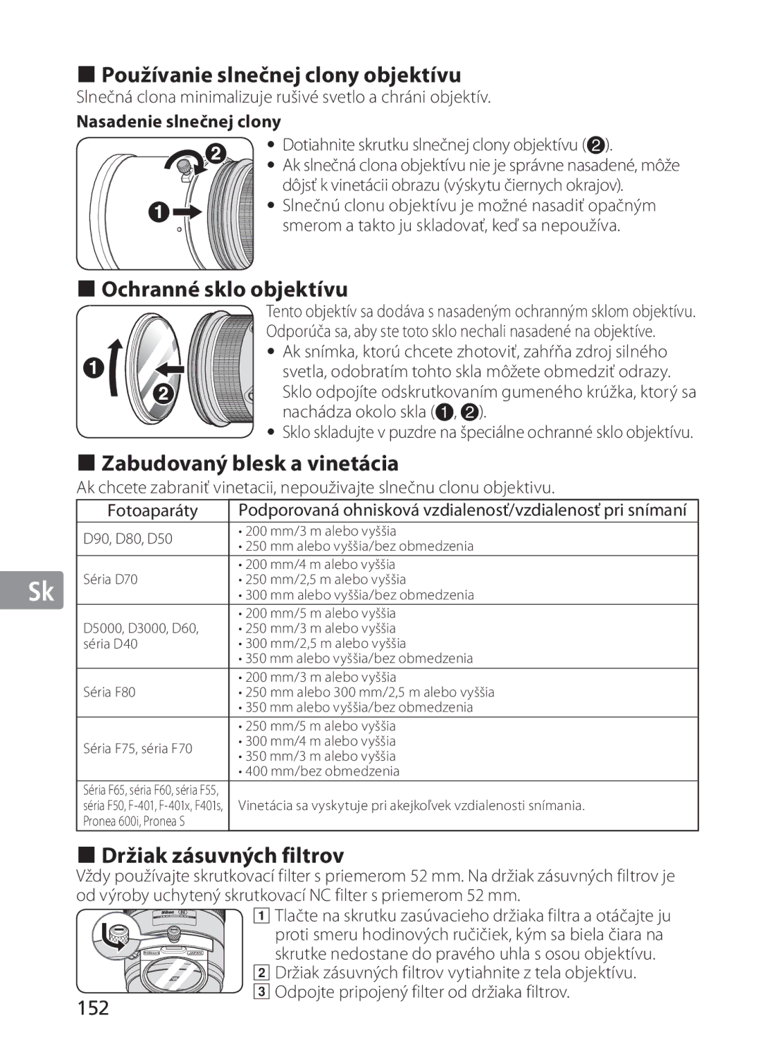 Nikon NIKKOR manual Používanie slnečnej clony objektívu, Ochranné sklo objektívu, Zabudovaný blesk a vinetácia, 152 