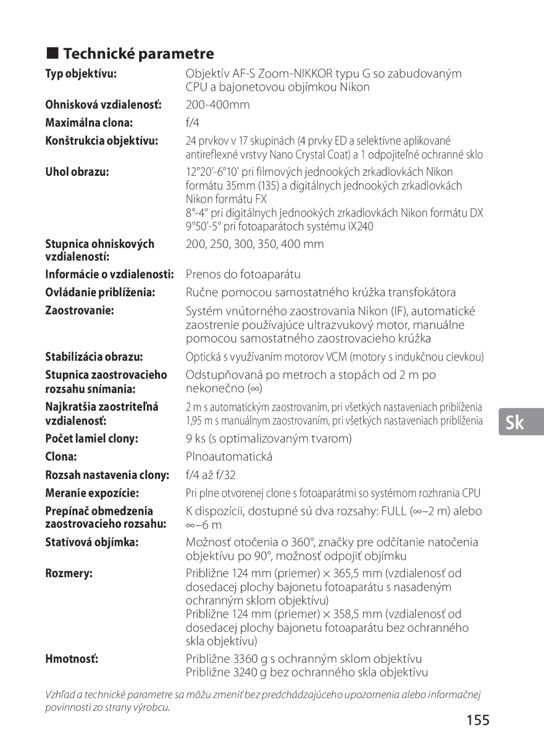 Nikon NIKKOR manual Technické parametre, 155 
