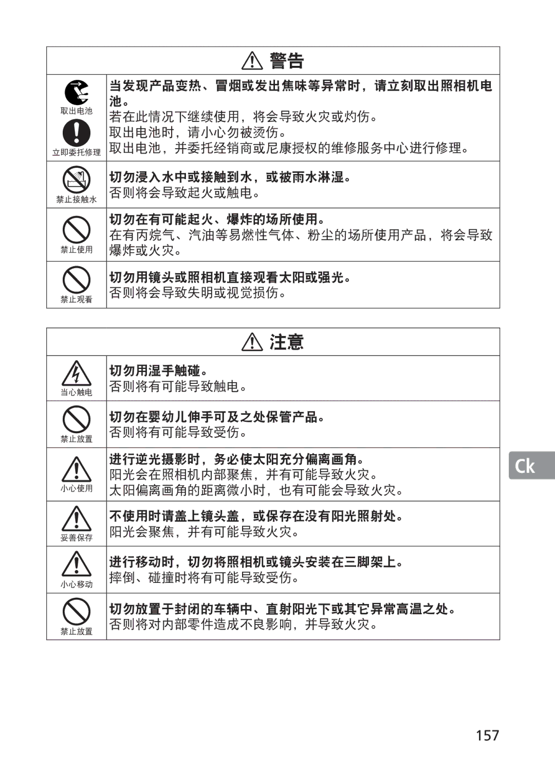 Nikon NIKKOR manual 157, 阳光会聚焦，并有可能导致火灾。 