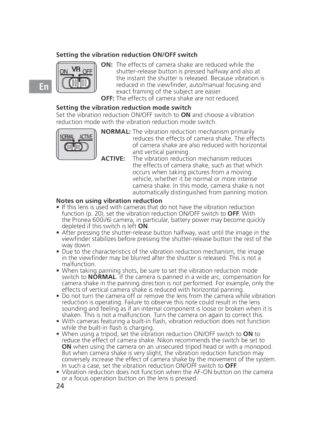 Nikon NIKKOR manual Setting the vibration reduction ON/OFF switch 