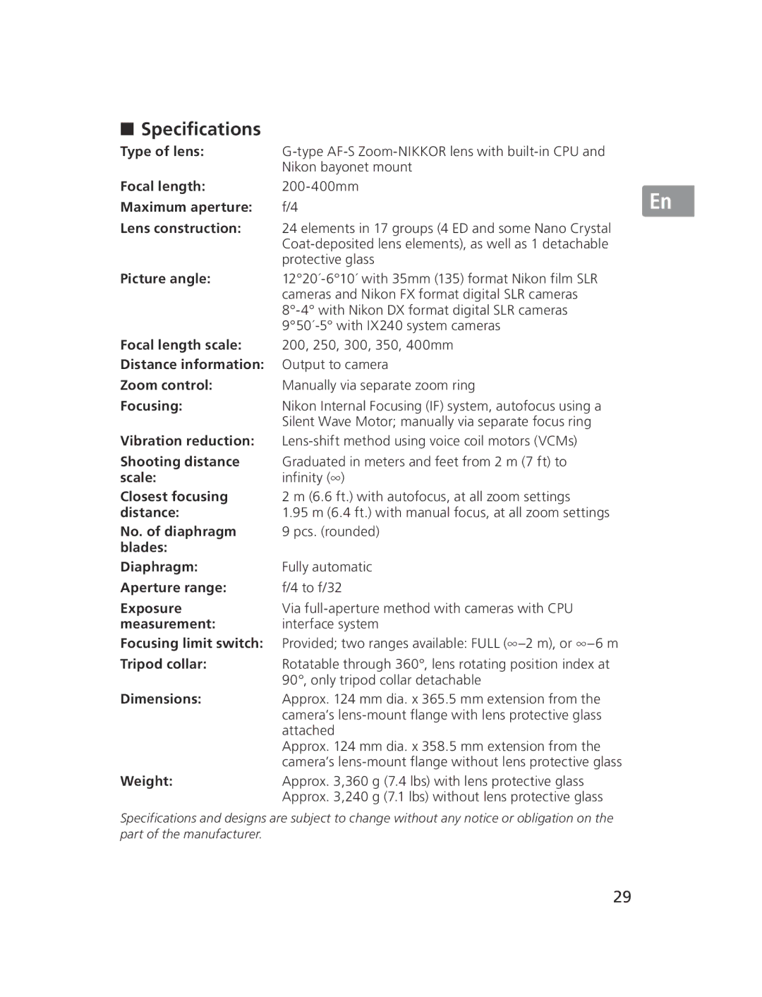 Nikon NIKKOR manual Specifications 