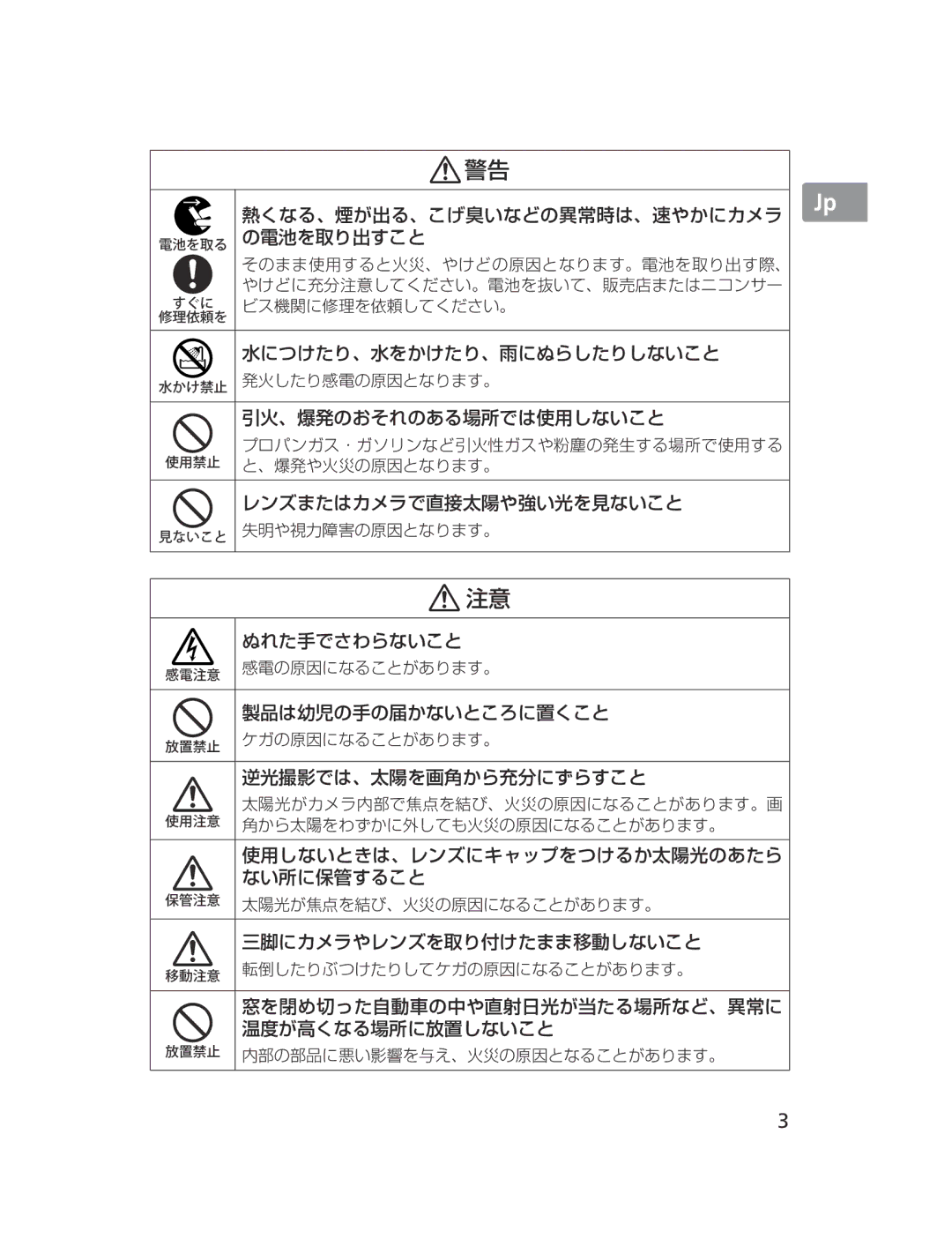 Nikon NIKKOR manual 熱くなる、煙が出る、こげ臭いなどの異常時は、速やかにカメラ 