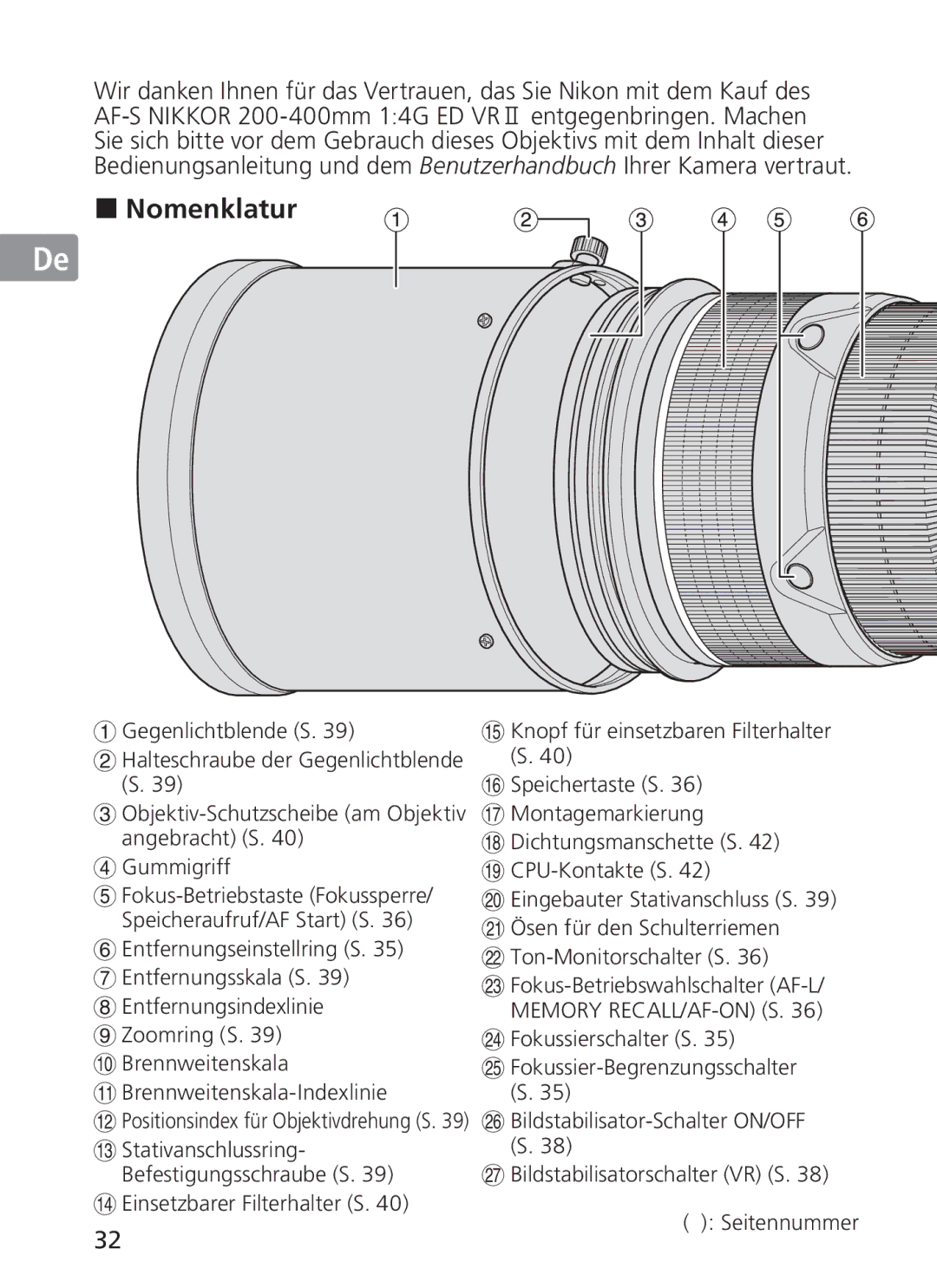 Nikon NIKKOR manual „ Nomenklatur, Fokussierschalter S 