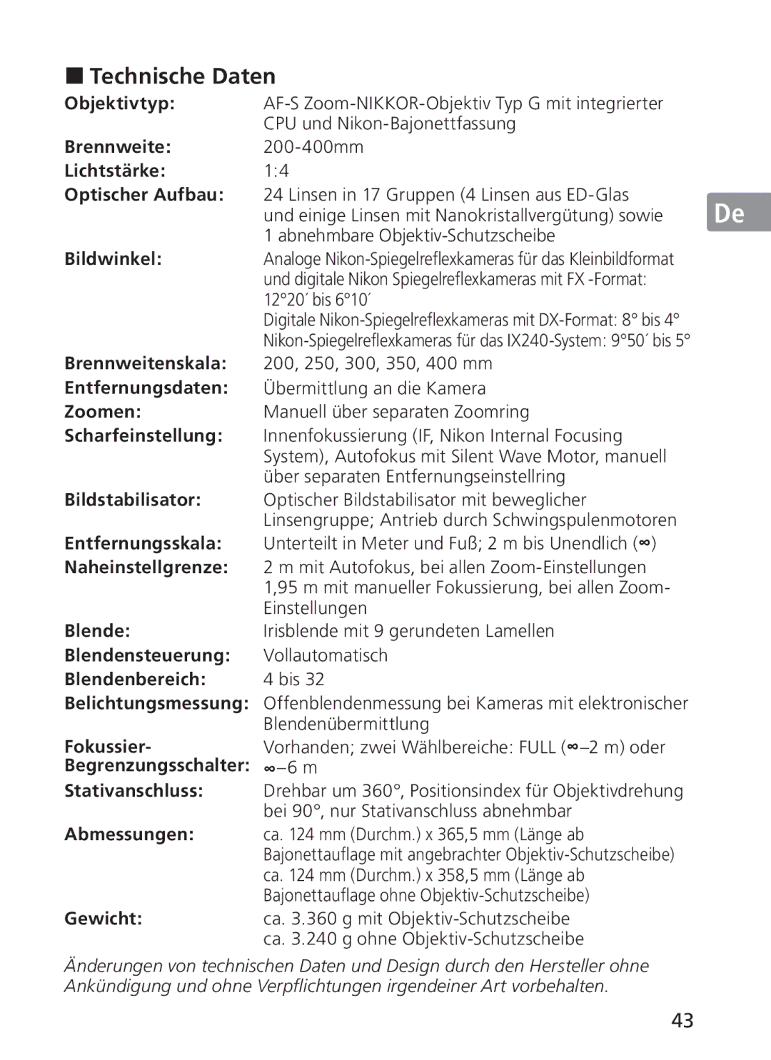 Nikon NIKKOR manual „ Technische Daten 