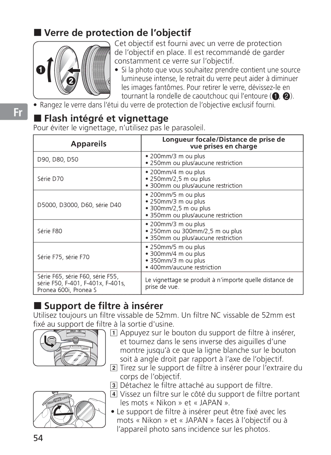 Nikon NIKKOR „ Verre de protection de l’objectif, „ Flash intégré et vignettage, „ Support de filtre à insérer, Appareils 