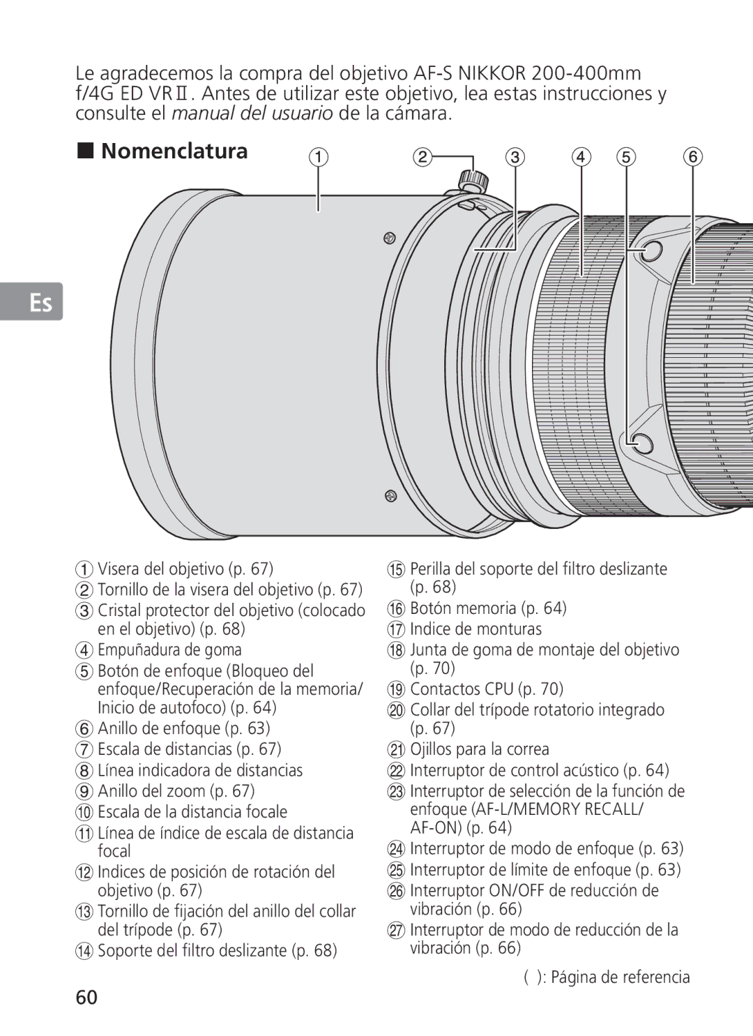 Nikon NIKKOR manual „ Nomenclatura, Visera del objetivo p, Enfoque AF-L/MEMORY RECALL/ AF-ON p 