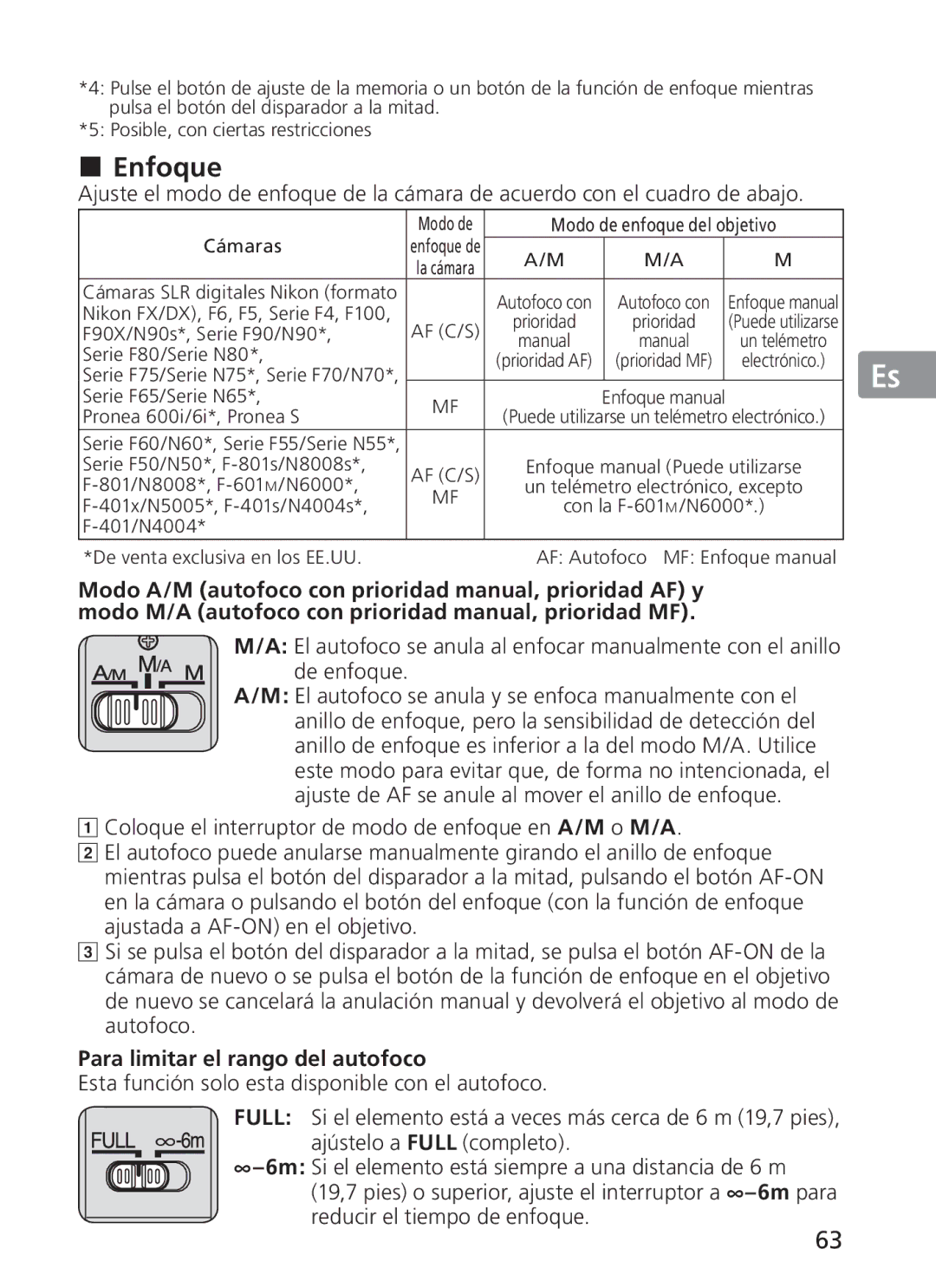 Nikon NIKKOR manual „ Enfoque, Para limitar el rango del autofoco 