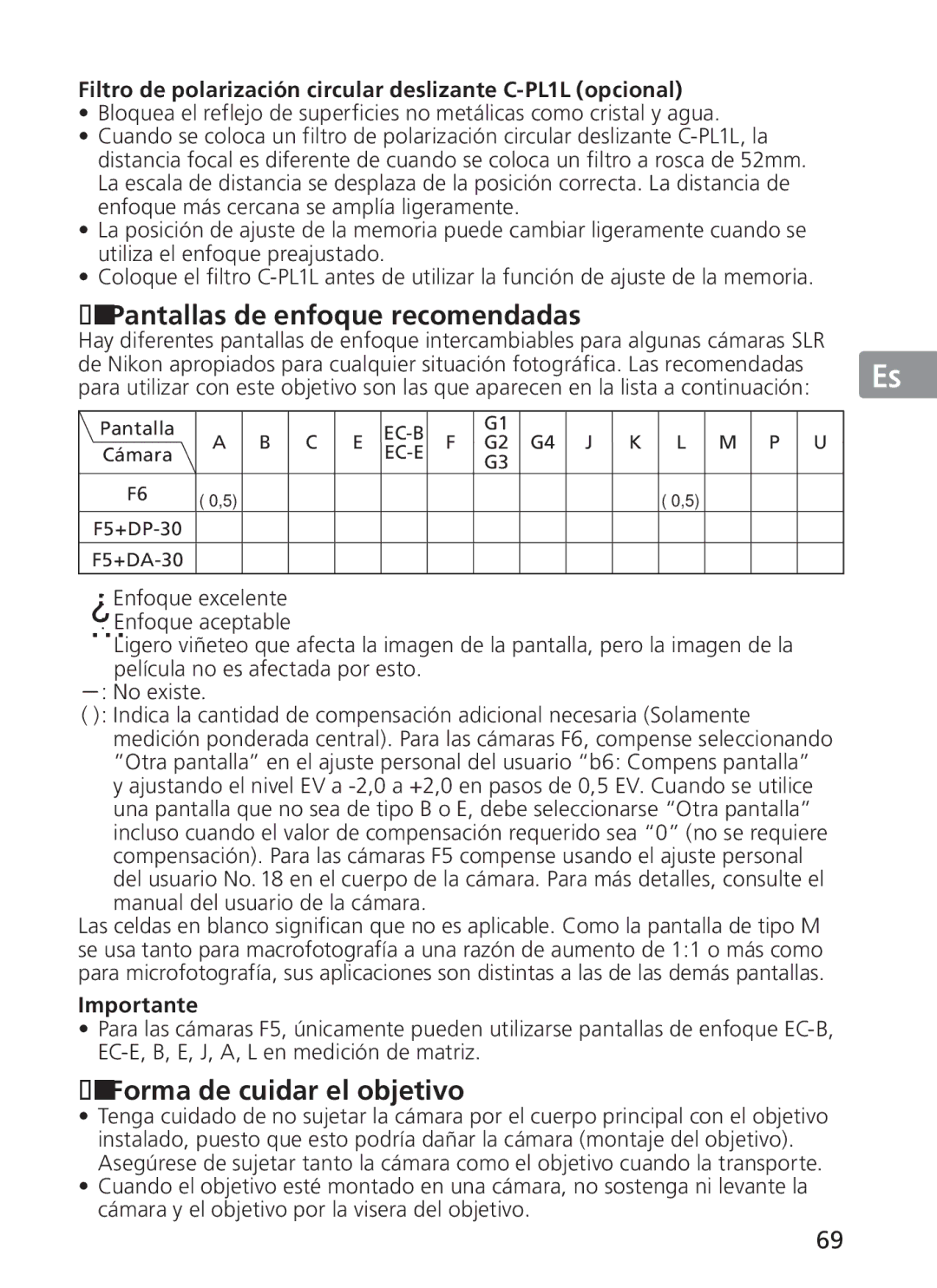 Nikon NIKKOR manual „ Pantallas de enfoque recomendadas, „ Forma de cuidar el objetivo 