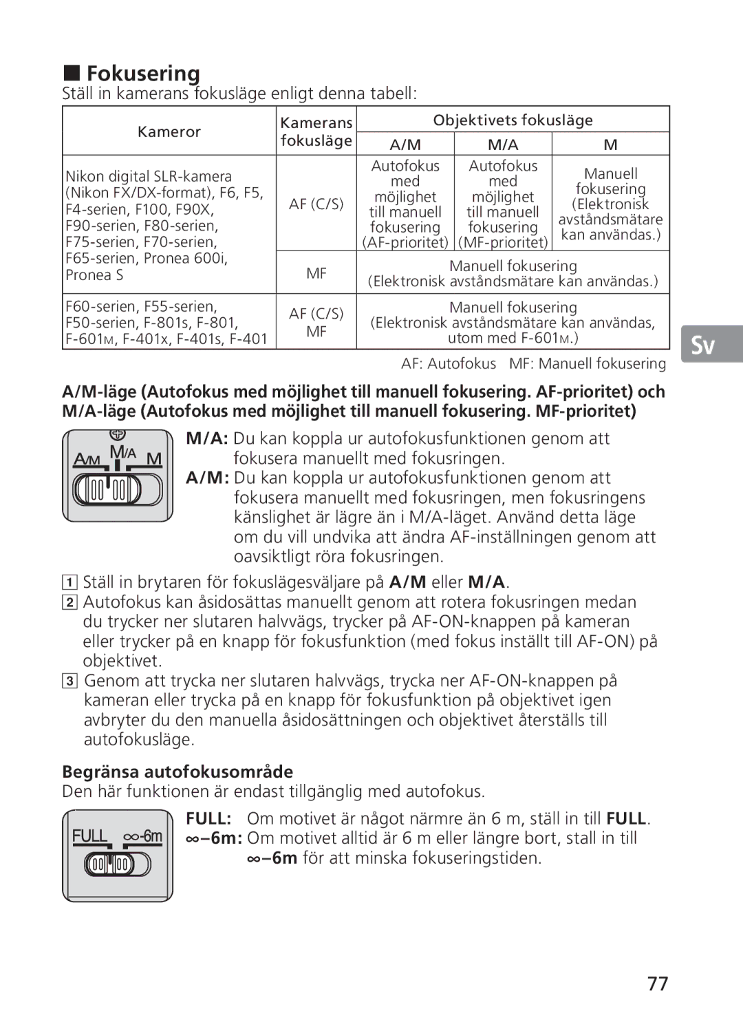 Nikon NIKKOR manual „ Fokusering, Ställ in kamerans fokusläge enligt denna tabell, Begränsa autofokusområde 