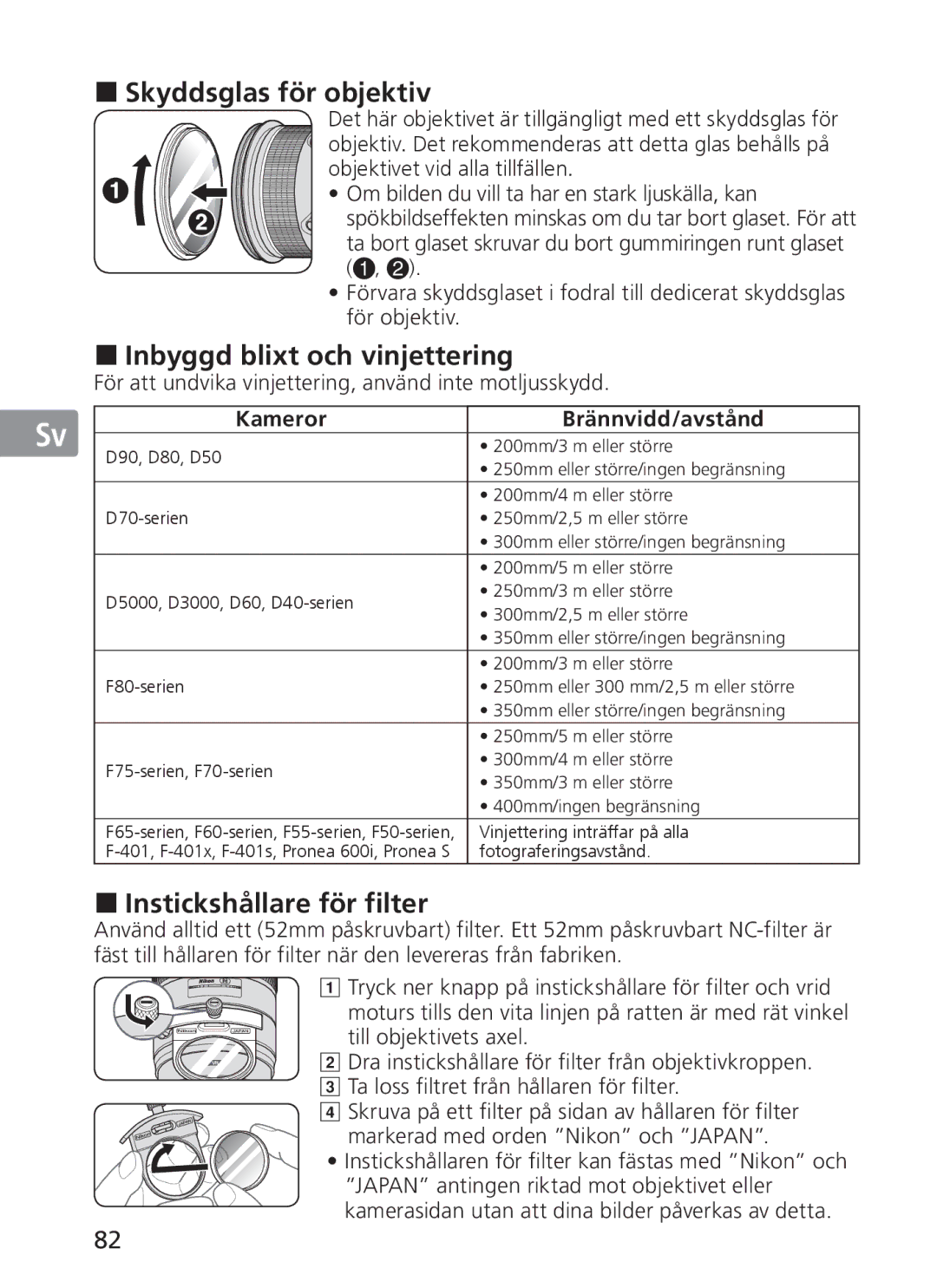 Nikon NIKKOR manual „ Skyddsglas för objektiv, „ Inbyggd blixt och vinjettering, „ Instickshållare för filter 