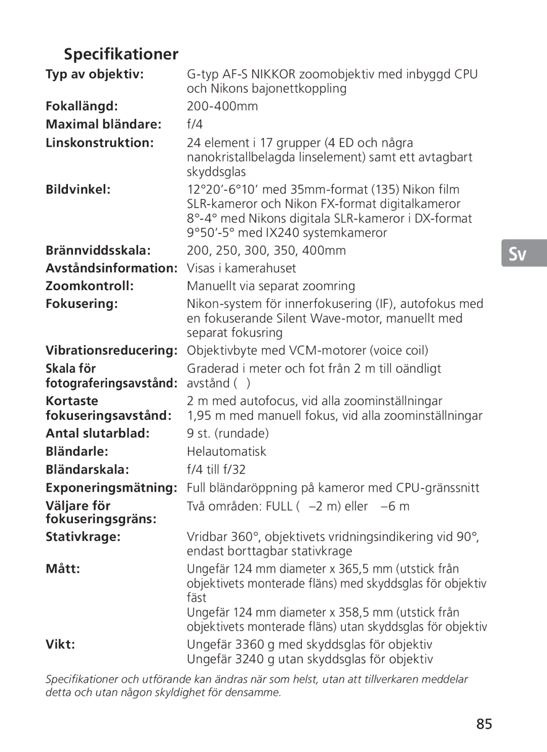 Nikon NIKKOR manual „ Specifikationer 