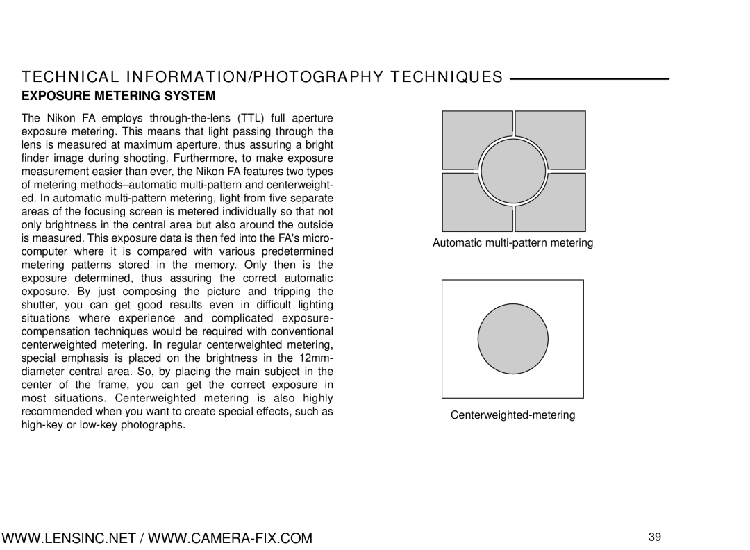 Nikon Nikon FA, Nikon Nikomat FT manual Technical INFORMATION/PHOTOGRAPHY Techniques, Exposure Metering System 