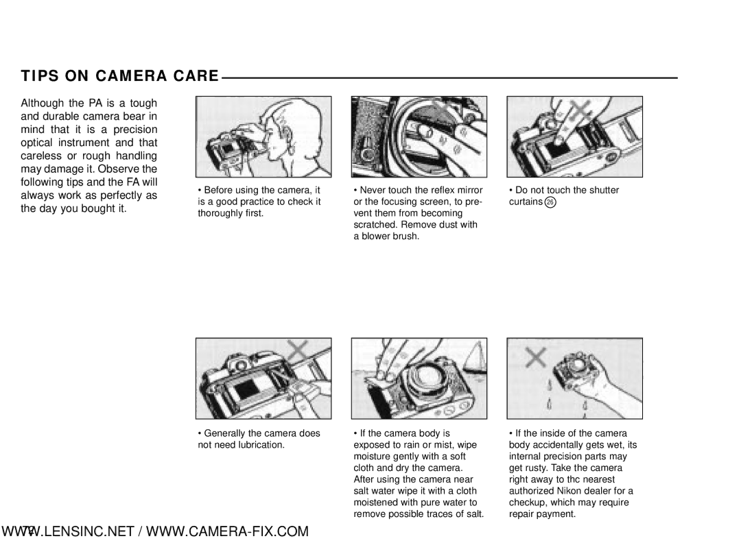 Nikon Nikon Nikomat FT, Nikon FA manual Tips on Camera Care 