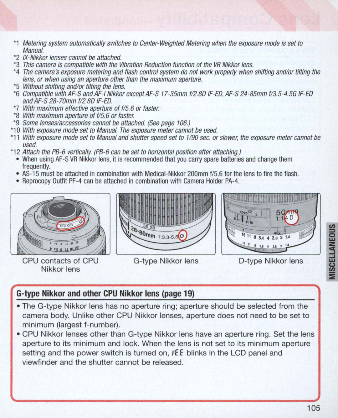 Nikon Nikon N75 instruction manual Type Nikkor and other CPU Nikkor lens 