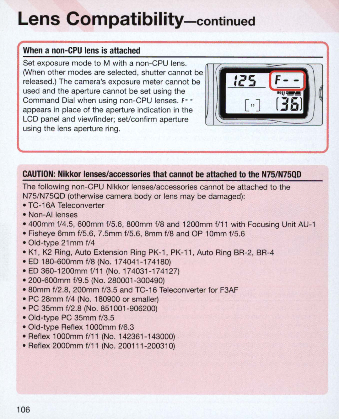 Nikon Nikon N75 instruction manual IeS, When a non-CPU lens is attached 