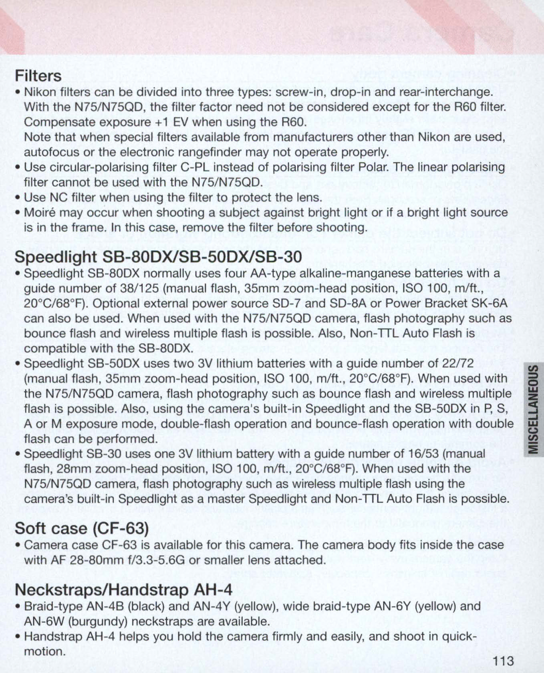 Nikon Nikon N75 instruction manual Filters, Speedlight S8-80DXlS8-50DXlS8-30, Soft case CF-63, Neckstraps/Handstrap AH-4 