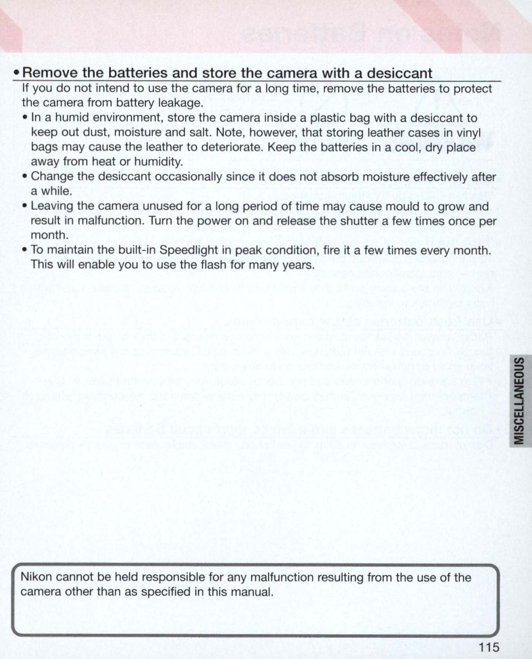 Nikon Nikon N75 instruction manual Remove the batteries and store the camera with a desiccant 