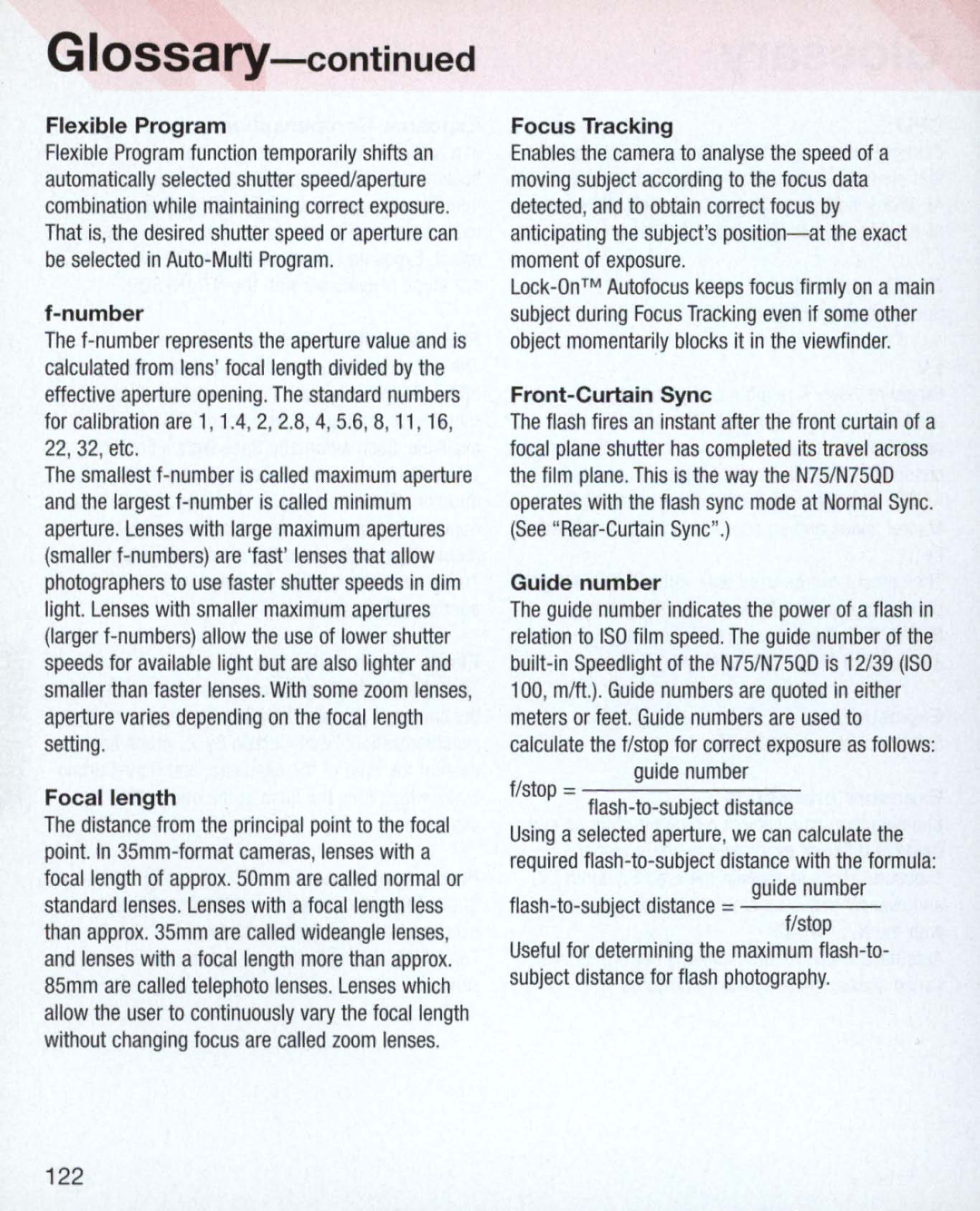 Nikon Nikon N75 instruction manual Guide number Flash-to-subject distance =-= Flstop, 122 