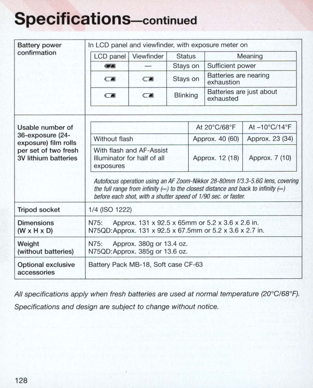 Nikon Nikon N75 instruction manual 128, Exposures 