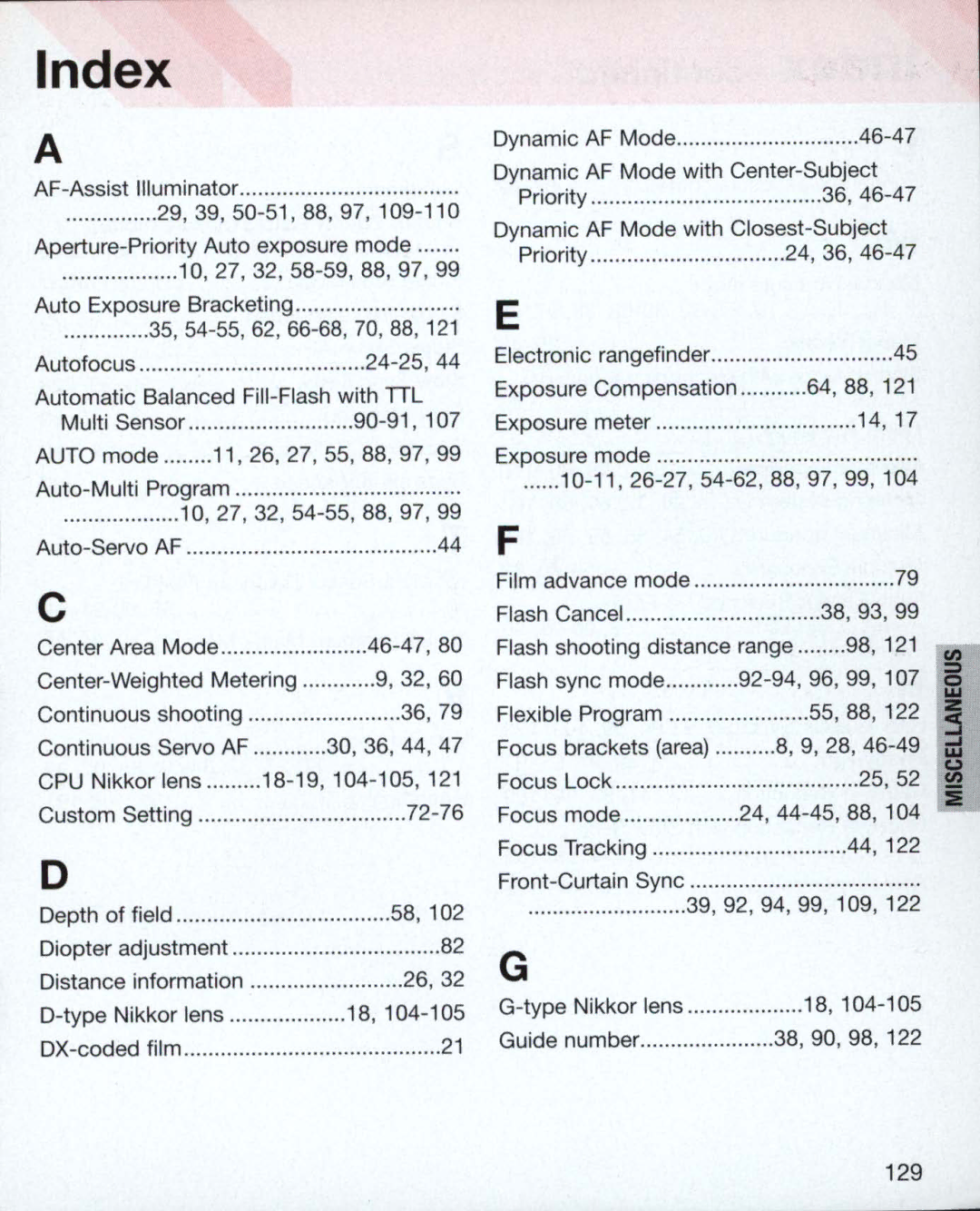 Nikon Nikon N75 instruction manual Index, Automatic Balanced Fill -Flash with TIL, Dynamic AF Mode with Center-Subject 