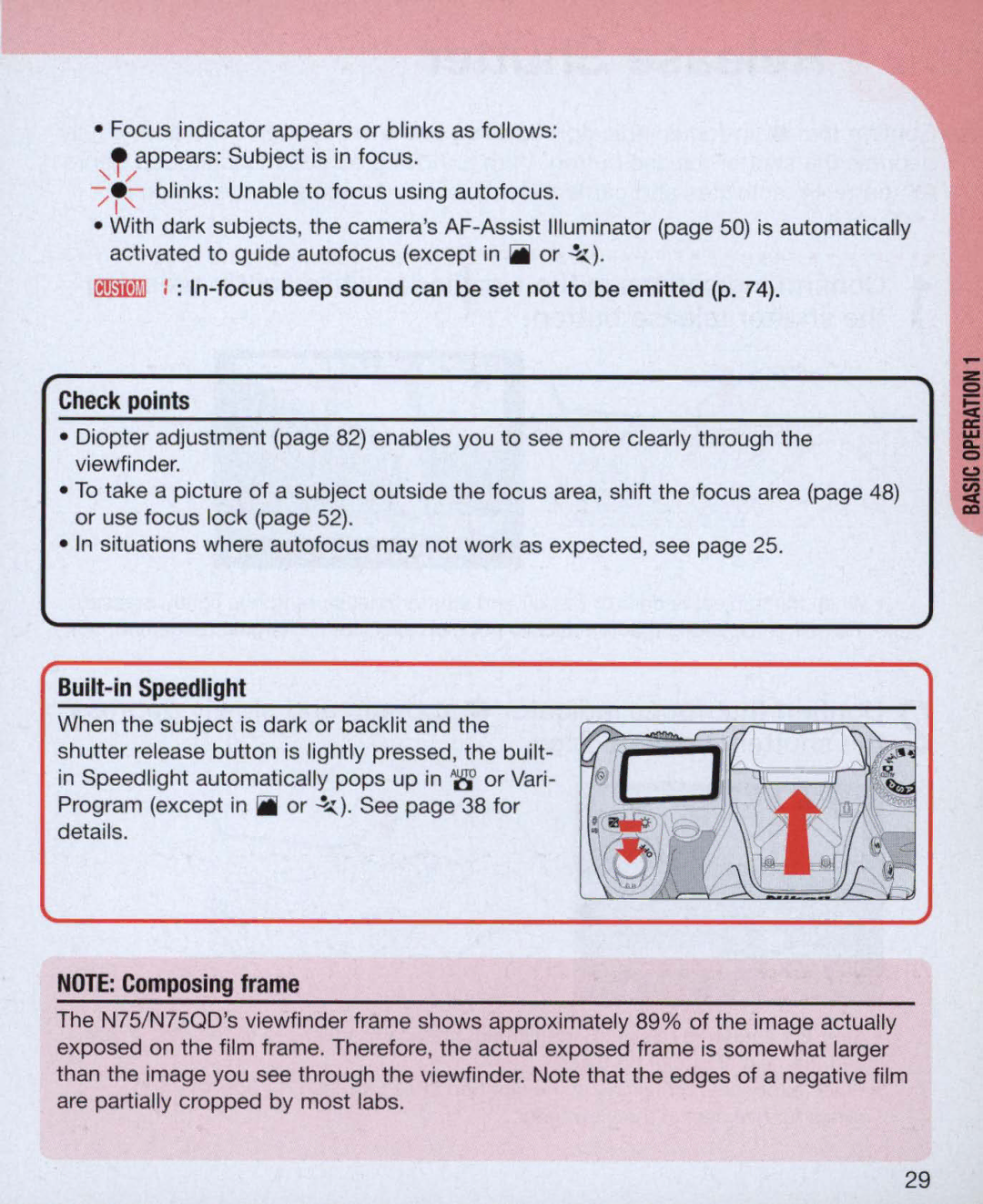 Nikon Nikon N75 instruction manual Check points, Built-in Speedlight 