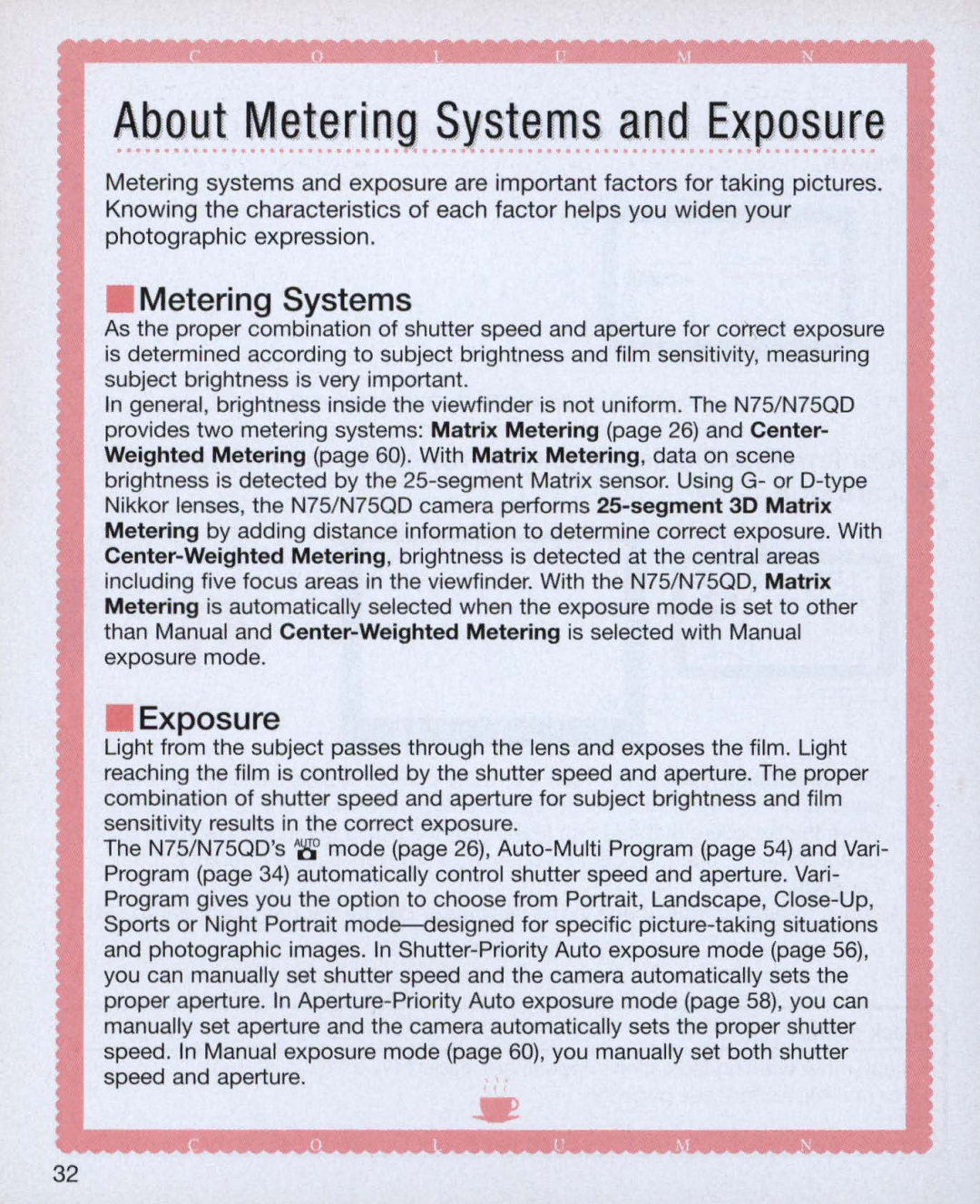 Nikon Nikon N75 instruction manual Metering Systems 