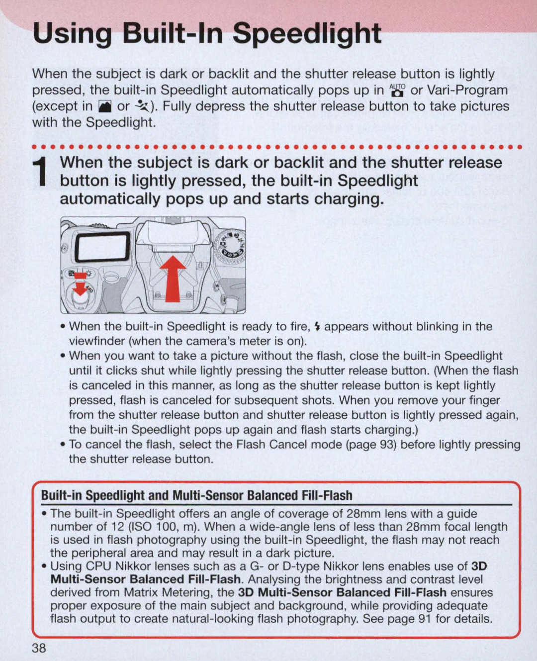 Nikon Nikon N75 instruction manual Using Built-In Speedlight, Built-in Speedlight and Multi-Sensor Balanced Fill-Flash 