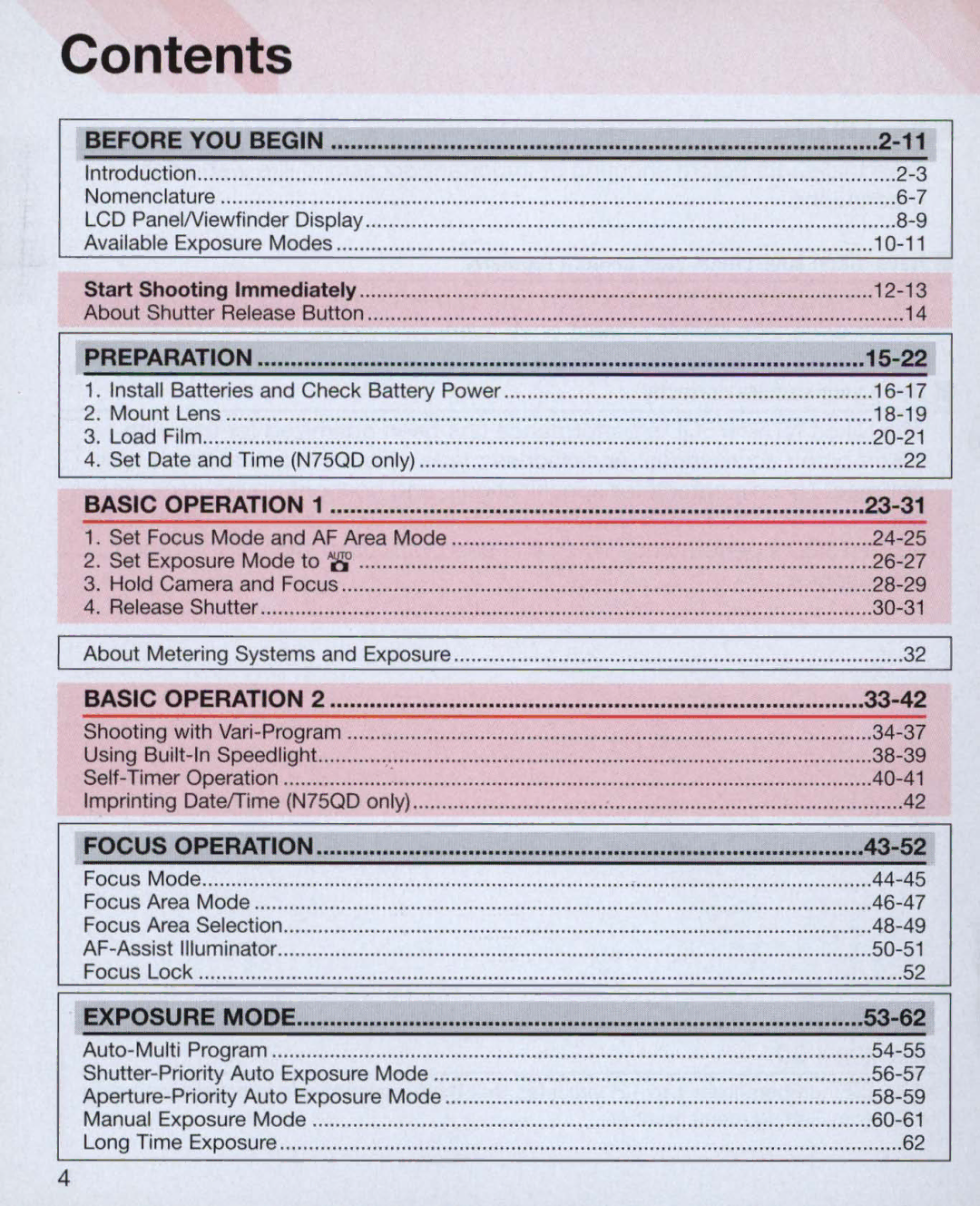 Nikon Nikon N75 instruction manual Contents 