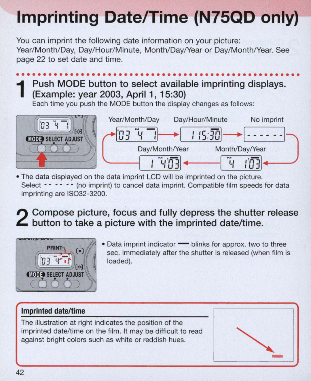 Nikon Nikon N75 instruction manual ~Y~=oo, »~,~~l, Imprinting Date/Time N7SQD only 