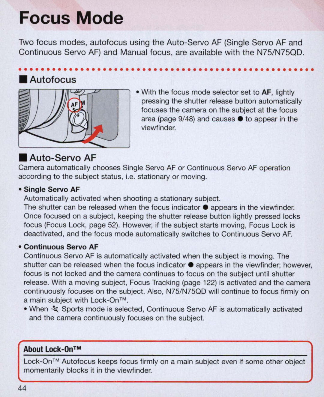 Nikon Nikon N75 instruction manual Focus Mode, Auto-Servo AF, About Lock-OnTM 