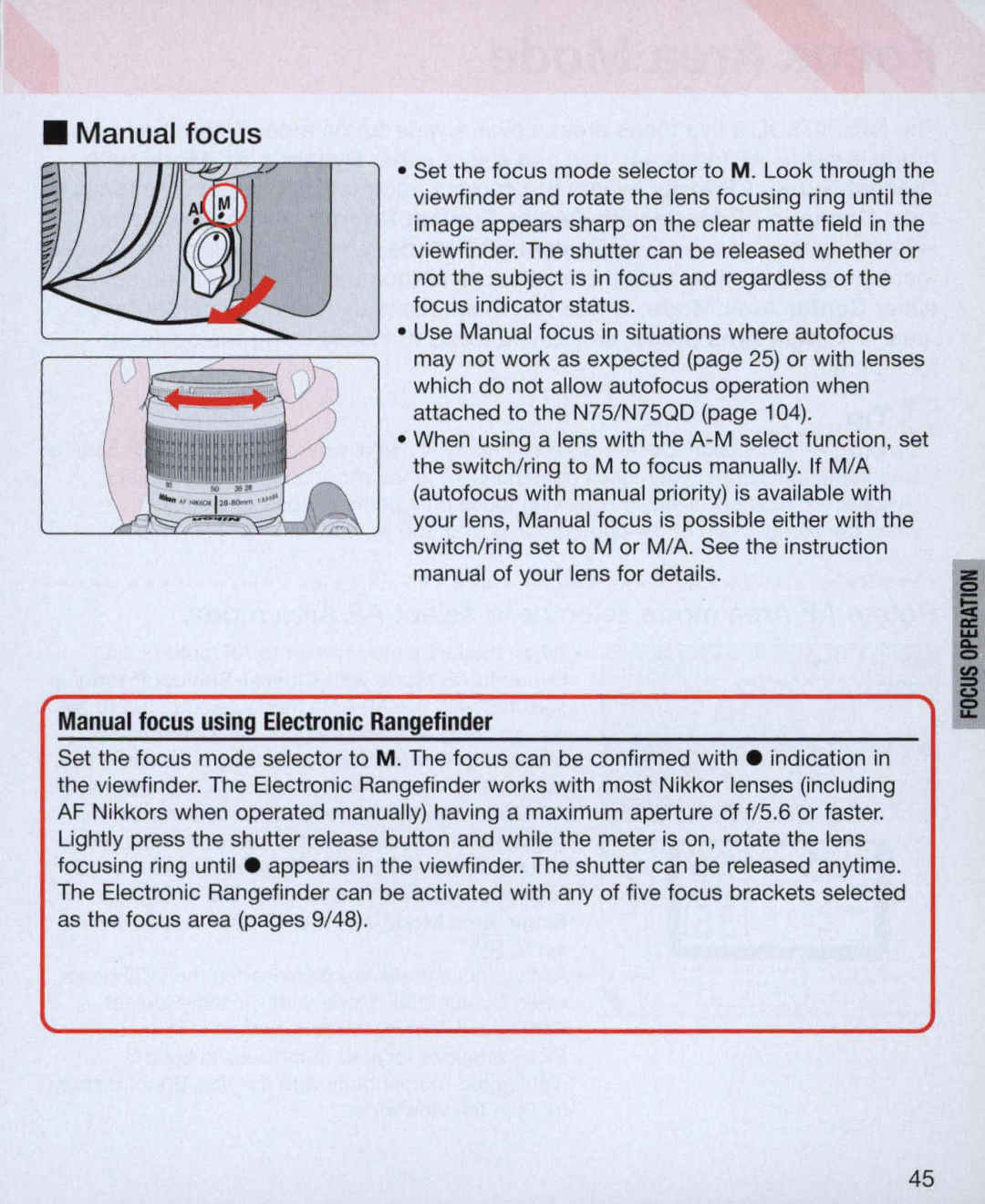 Nikon Nikon N75 instruction manual Manual focus using Electronic Rangefinder 