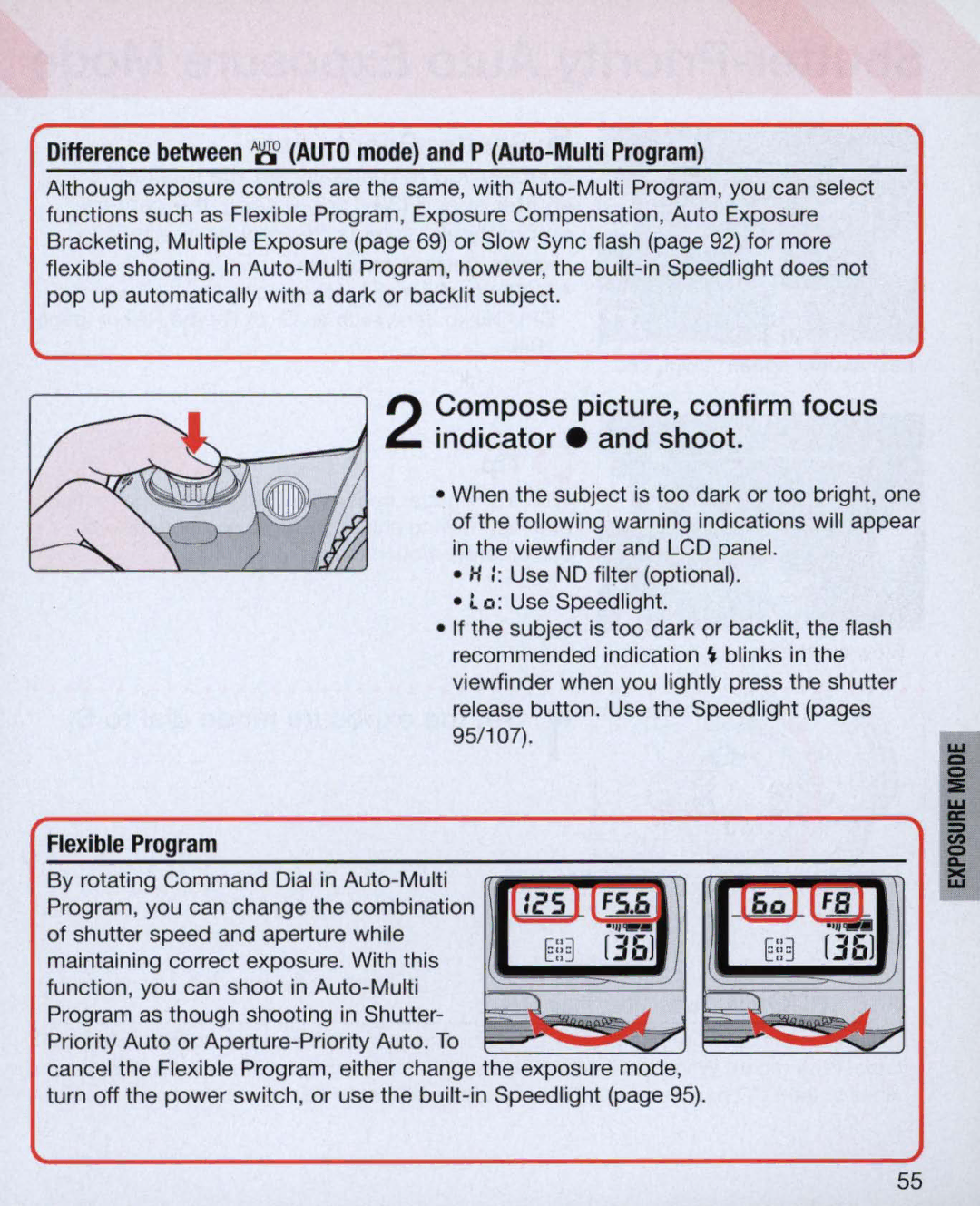 Nikon N75 Compose picture, confirm focus indicator. and shoot, Difference between 8AUTO mode and P Auto-Multi Program 