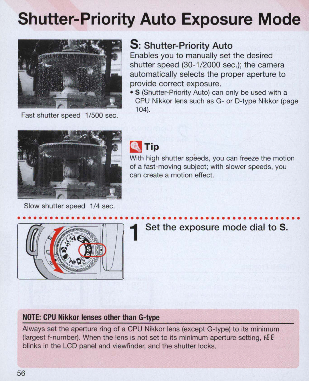 Nikon Nikon N75 instruction manual Shutter-Priority Auto, Set the exposure mode dial to S 