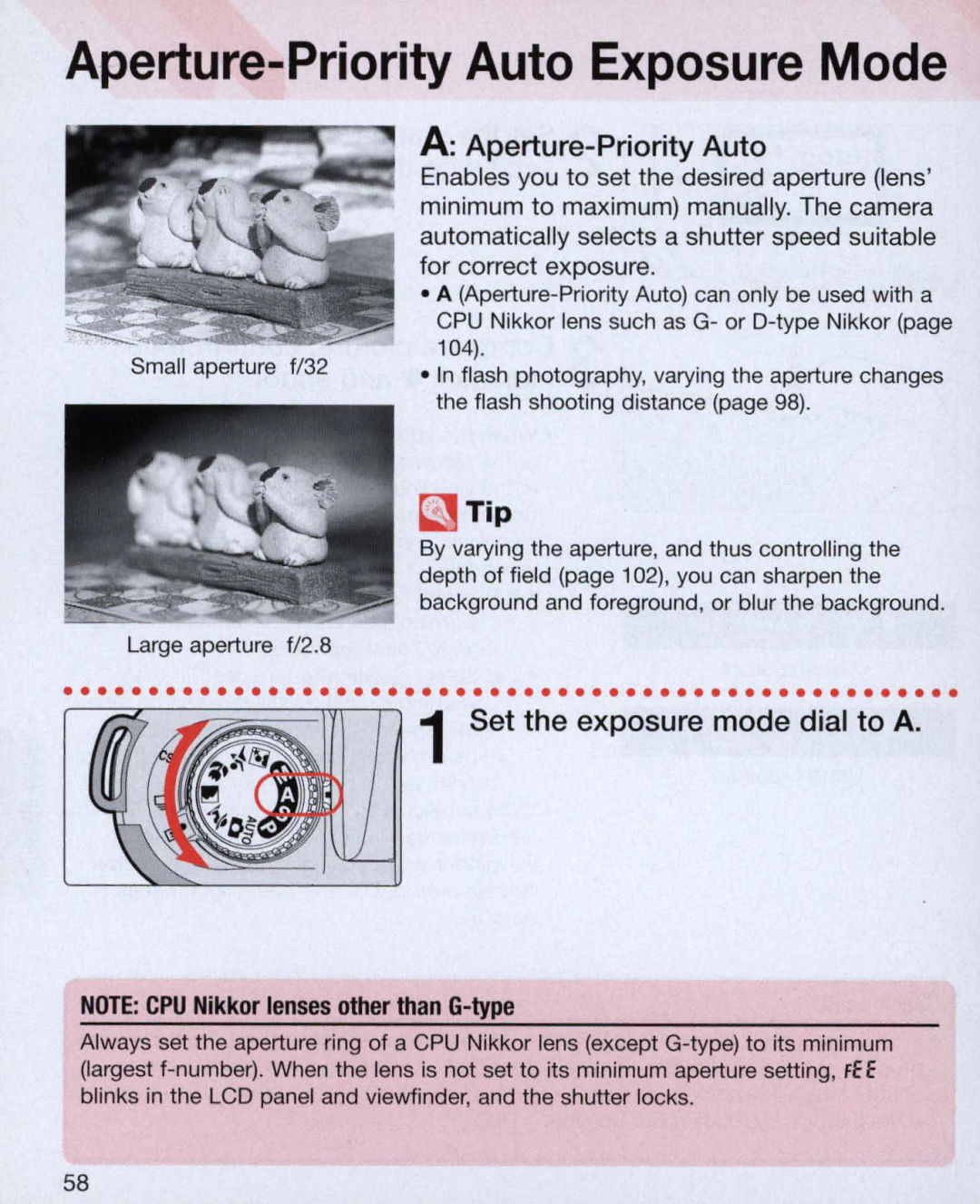 Nikon Nikon N75 instruction manual Aperture-Priority Auto, Set the exposure mode dial to a, Flash shooting distance 