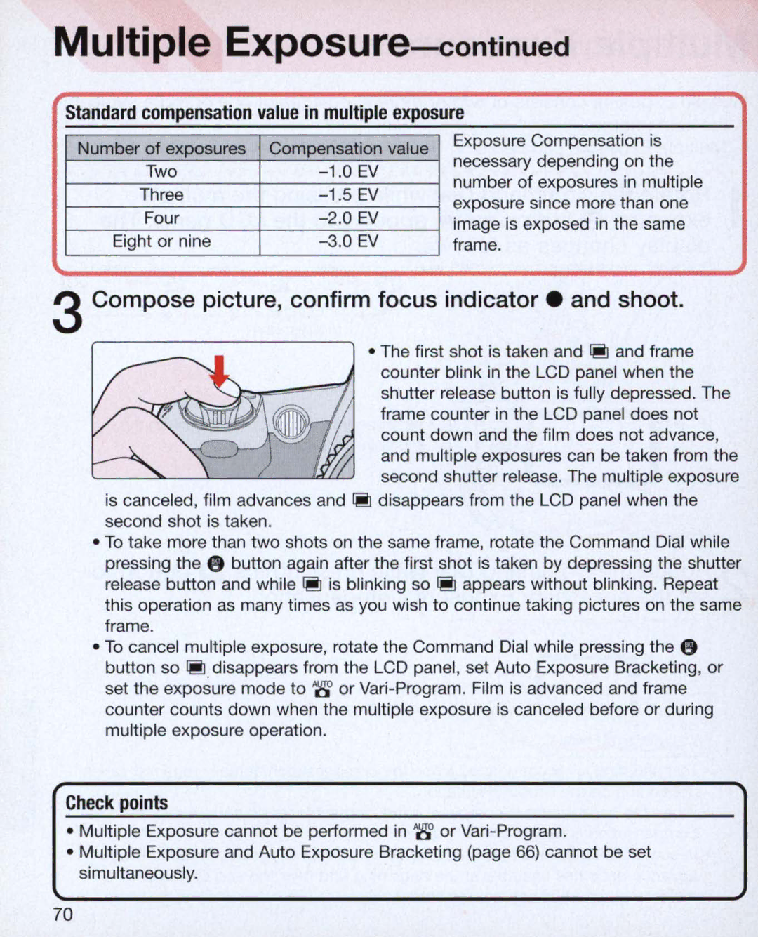 Nikon Nikon N75 instruction manual Standard compensation value in multiple exposure, Number of exposures Compensation value 