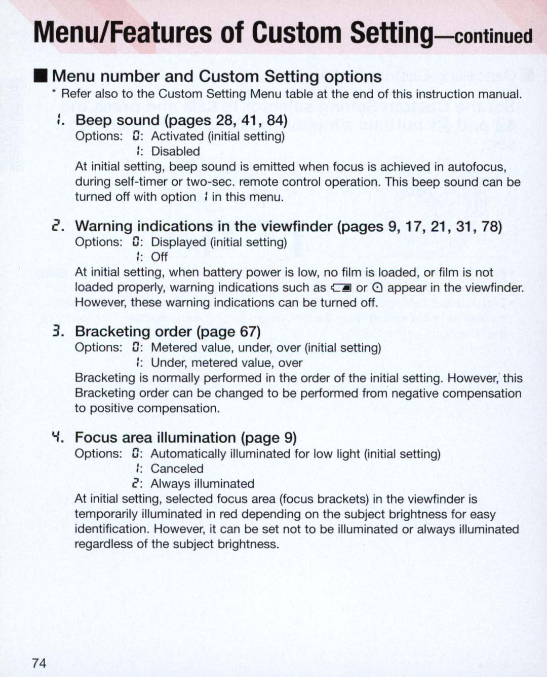 Nikon Nikon N75 Menu number and Custom Setting options, Beep sound pages 28, 41, Bracketing order, Focus area illumination 