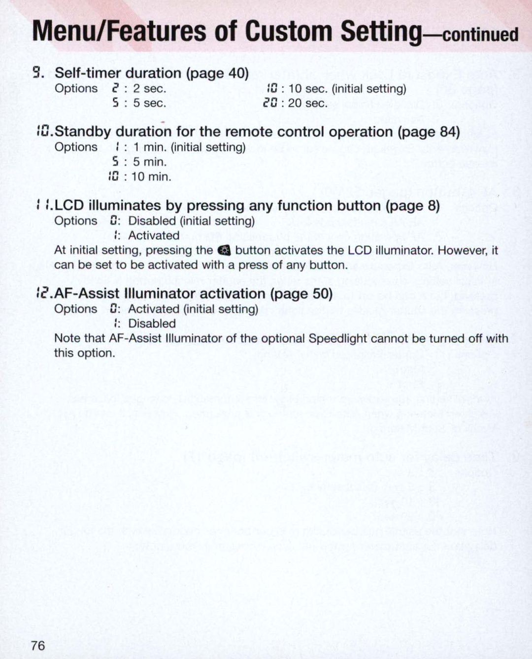 Nikon Nikon N75 Self-timer duration, Standby duration for the remote control operation, AF-Assist Illuminator activation 