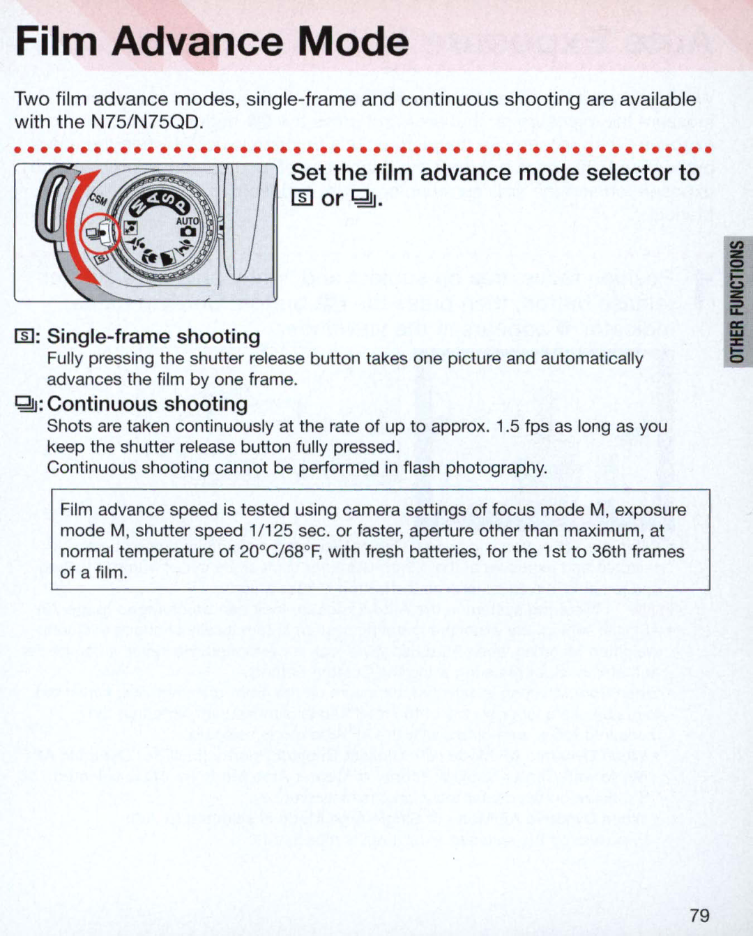 Nikon N75 Film Advance Mode, Set the film advance mode selector to, Single-frame shooting, ~ Continuous shooting 