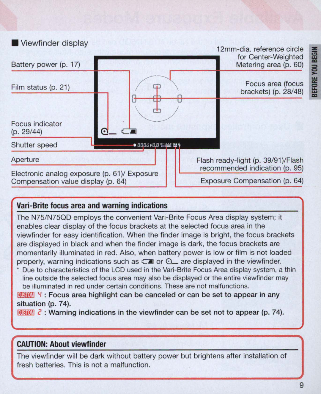 Nikon Nikon N75 instruction manual Vari-Brite focus area and warning indications, 12mm-dia. reference circle z 