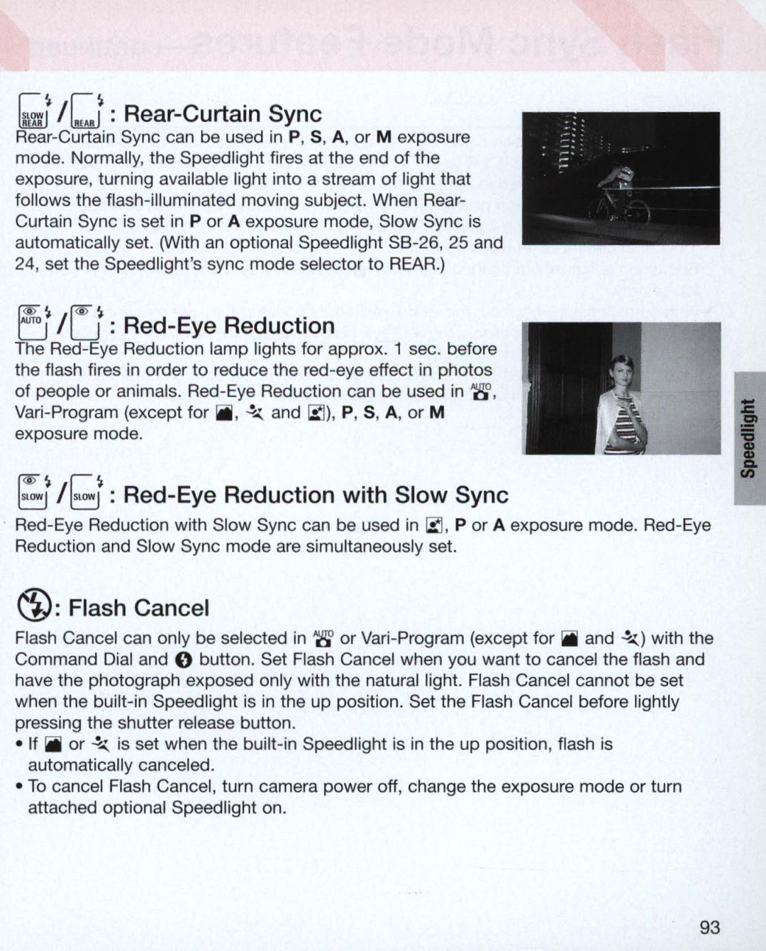 Nikon Nikon N75 instruction manual BJ Rear-Curtain Sync, Red- Eye Reduction with Slow Sync, ~ Flash Cancel 