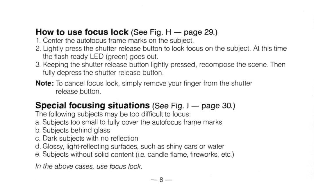 Nikon Not available instruction manual Special focusing situations See Fig. I, Ow to use focus lock See Fig. H 