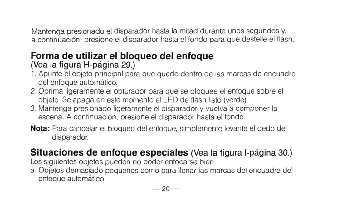 Nikon Not available instruction manual Forma de utilizar el bloqueo del enfoque, Vea la figura H-pagina 