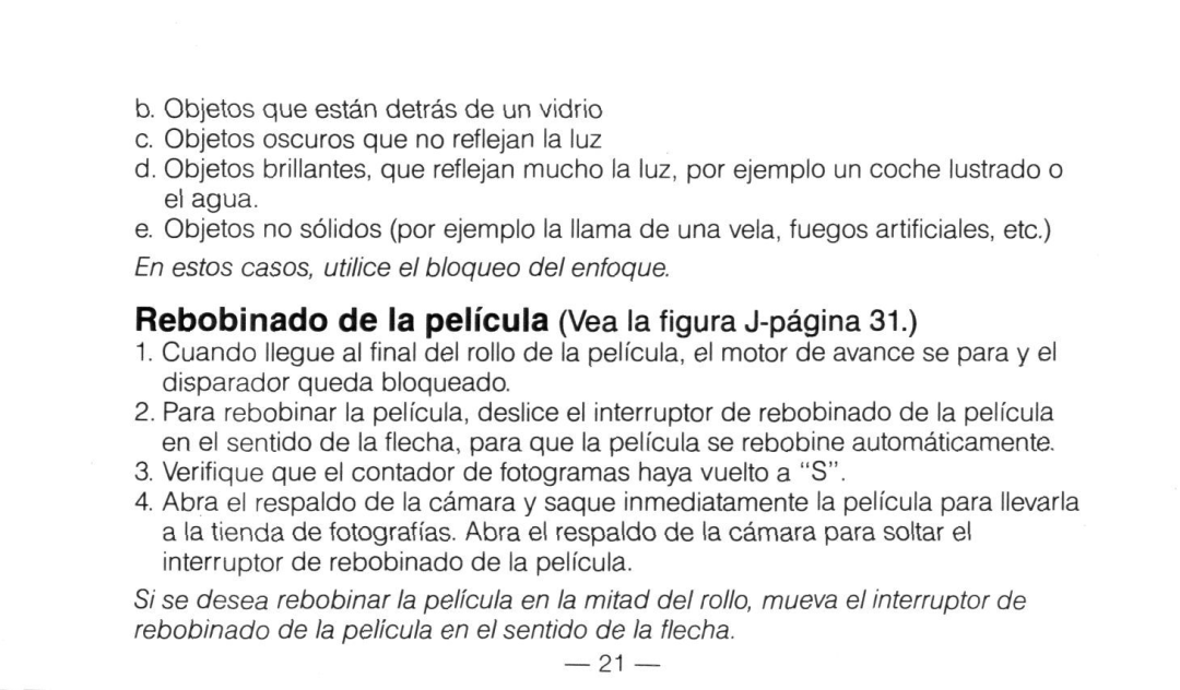 Nikon Not available instruction manual Rebobinado de la pelicula Vea la figura J-pagina 